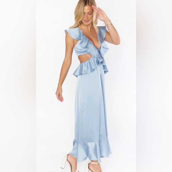 Show Me Your MuMu Zoey Midi Dress Steel Blue Luxe Satin Size S - Picture 2 of 10